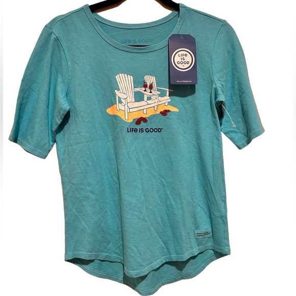 LIFE IS GOOD SHORT SLEEVE BLUE BEACH GRAPHIC FLIPFLOP COTTON TEE SHIRT XS - Picture 1 of 10